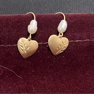 Heart 14k Yellow Gold Dangle Hearts w/ Freshwater Pearls.